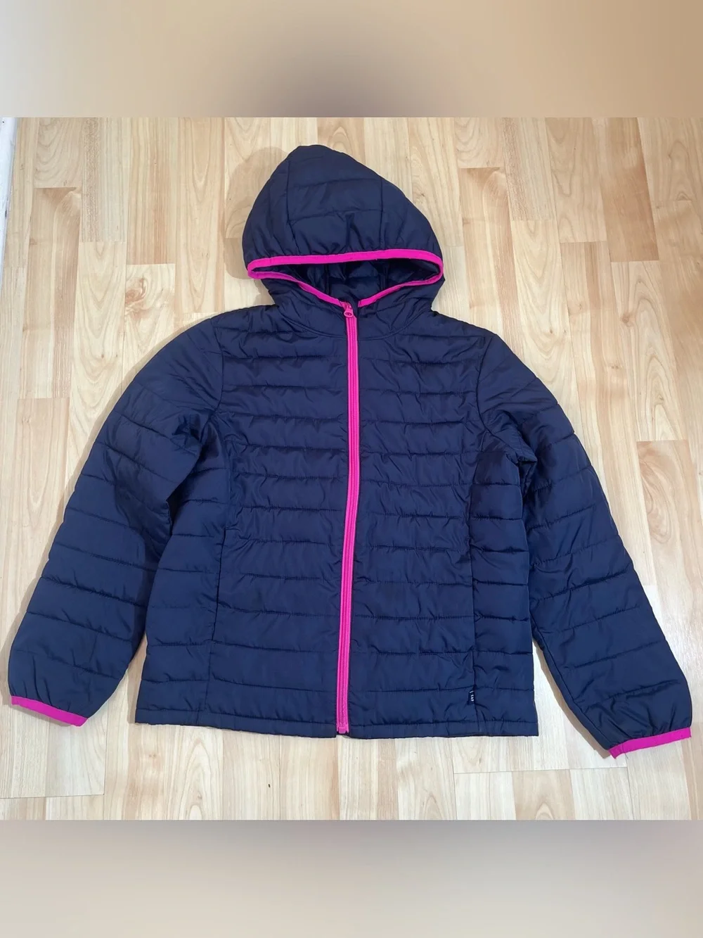 Gap Kids girls navy blue hooded quilted puffer jacket a bright pink zipper large